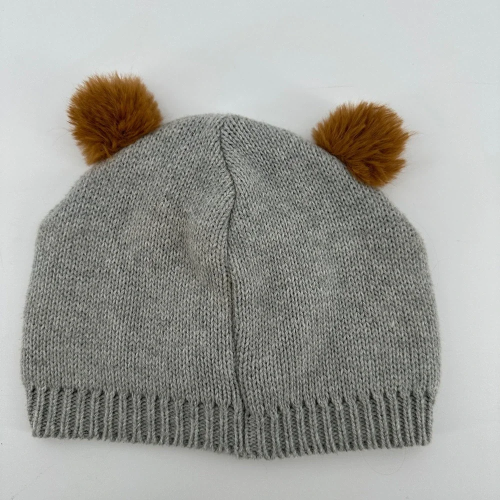 OshKosh B'gosh Baby Bear Beanie Hat Grey Brown Pom Pom Ears NWOT 12-24 Months